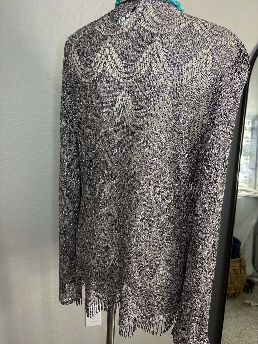 J.R. Nites by Carol Lin Metallic Silver Crochet Fringe Open Front Cardigan Top